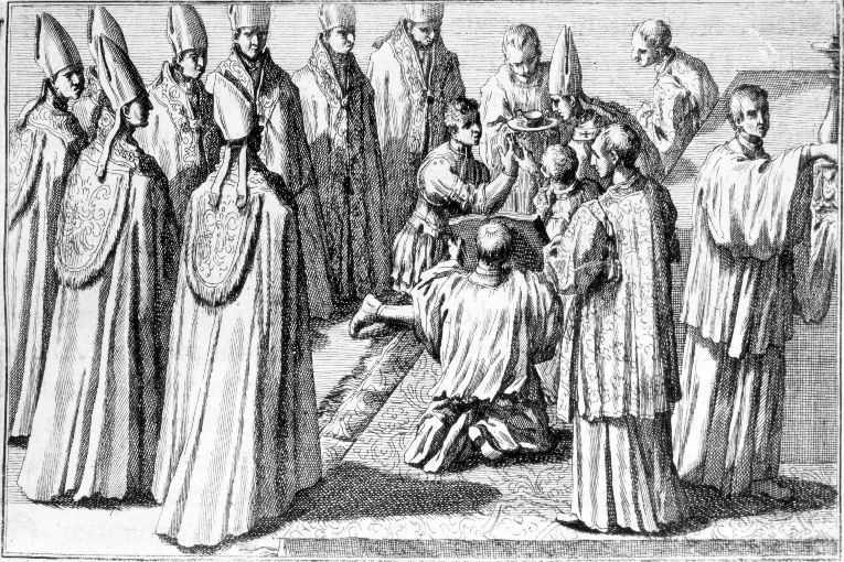 Incoronazione del re: unzione del braccio destro con l'oliodei catecumeni (stampa) - ambito romano (sec. XVIII)