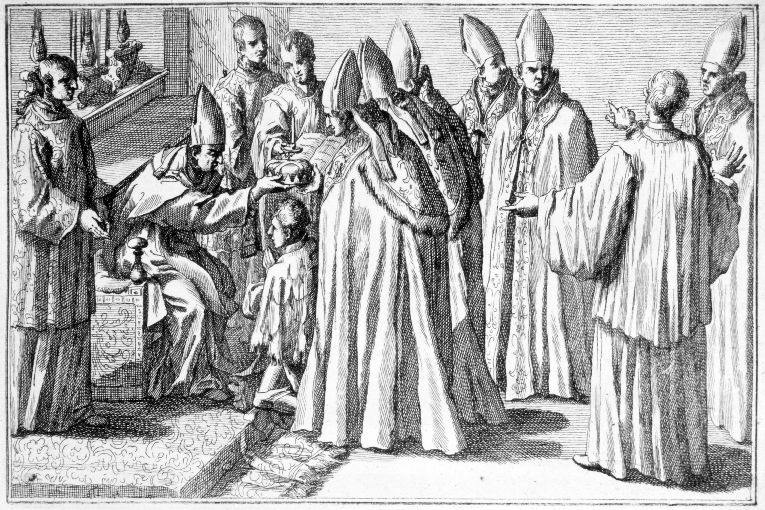 Incoronazione del re: imposizione della corona (stampa) - ambito romano (sec. XVIII)