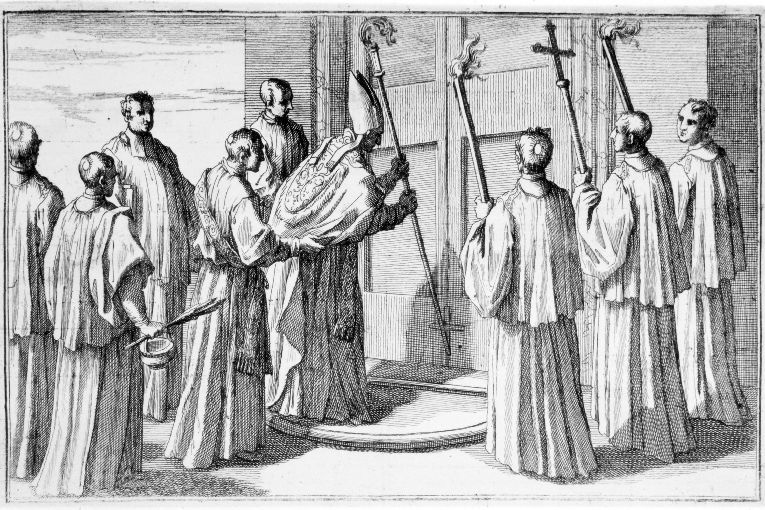 Consacrazione della nuova chiesa: il consacrante fa un segnodi croce sul portone con il pastorale (stampa) - ambito romano (sec. XVIII)