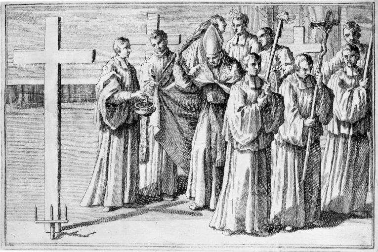 Benedizione del cimitero: aspersione del sito (stampa) - ambito romano (sec. XVIII)