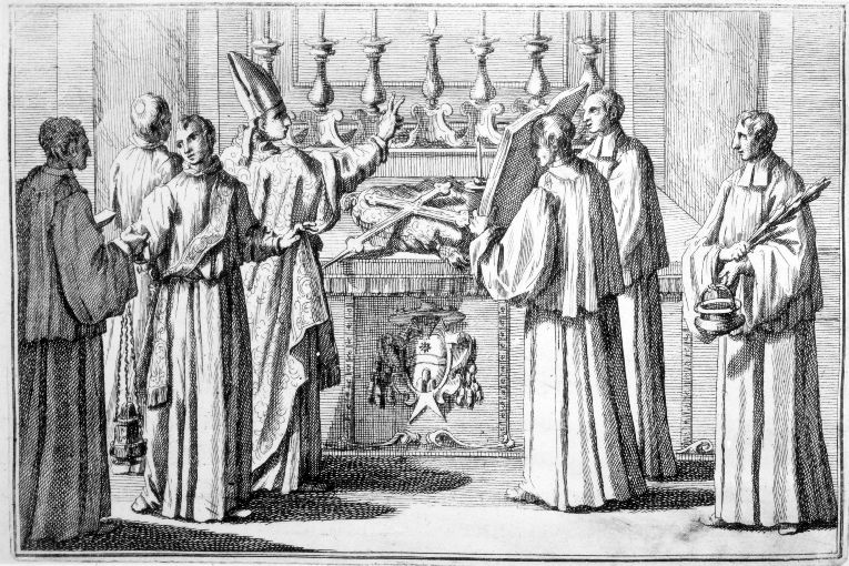 Benedizione della croce d'altare (stampa) - ambito romano (sec. XVIII)