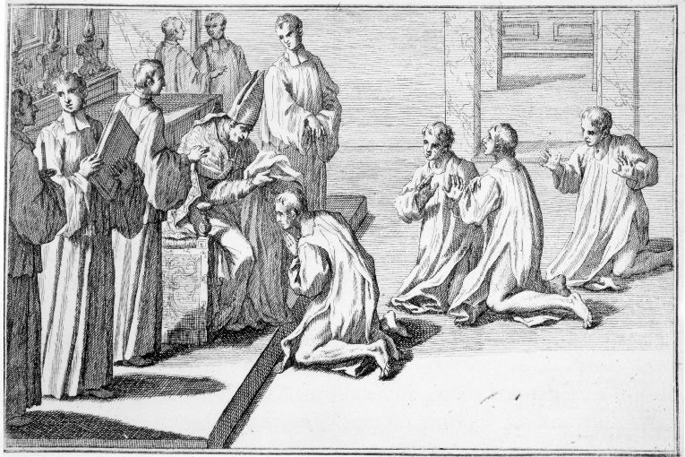 Imposizione del cilicio ai pubblici peccatori (stampa) - ambito romano (sec. XVIII)