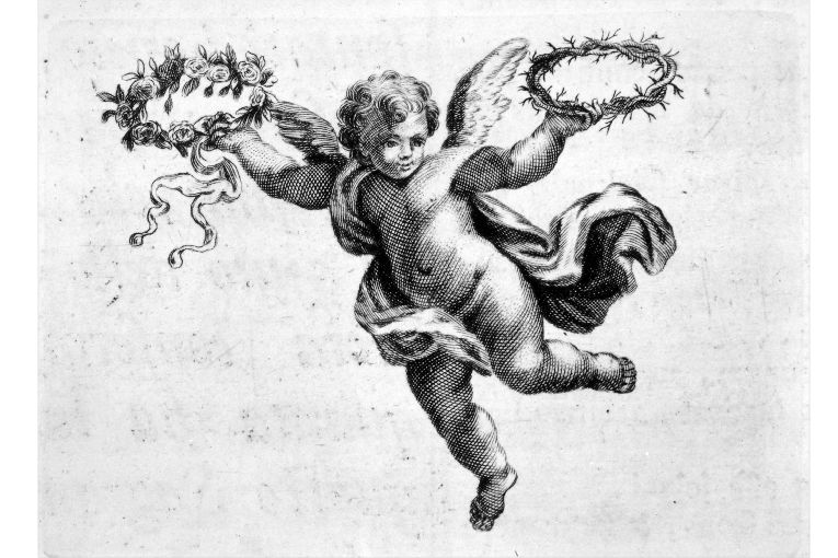 angelo con corona di fiori e corona di spine (stampa) - ambito romano (sec. XVIII)