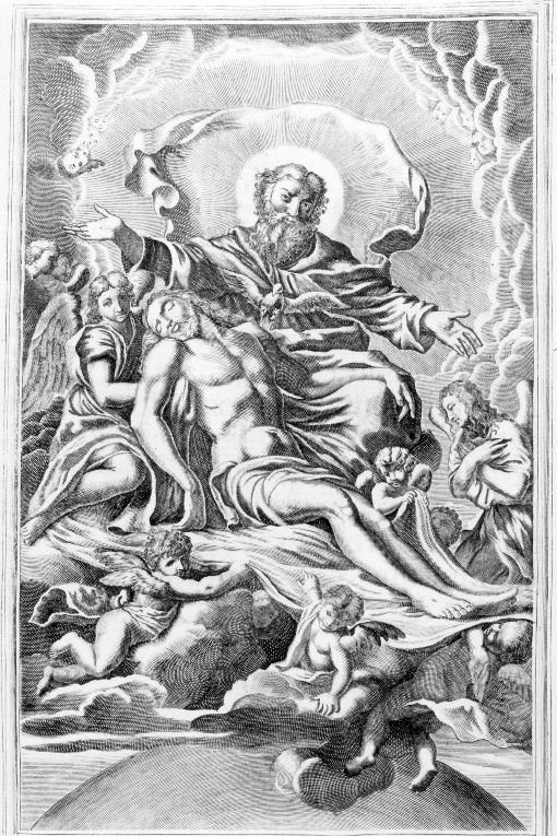 Cristo in pietà sorretto da angeli (stampa) di Piccini Isabella (sec. XVIII)