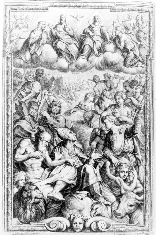 Trinità e Santi (stampa) di Vallet Guillaume, Lorrain Nicolas François (sec. XVIII)