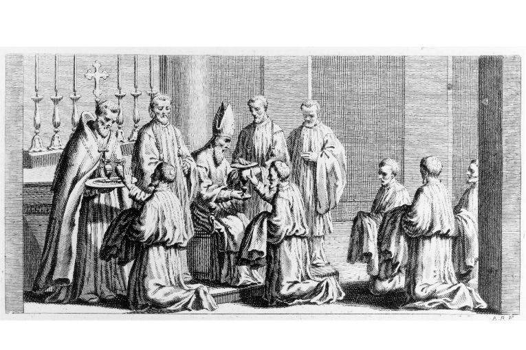 Ordinazione dei suddiaconi: consegna di calice e patena (stampa) di Rossi Andrea (sec. XVIII)