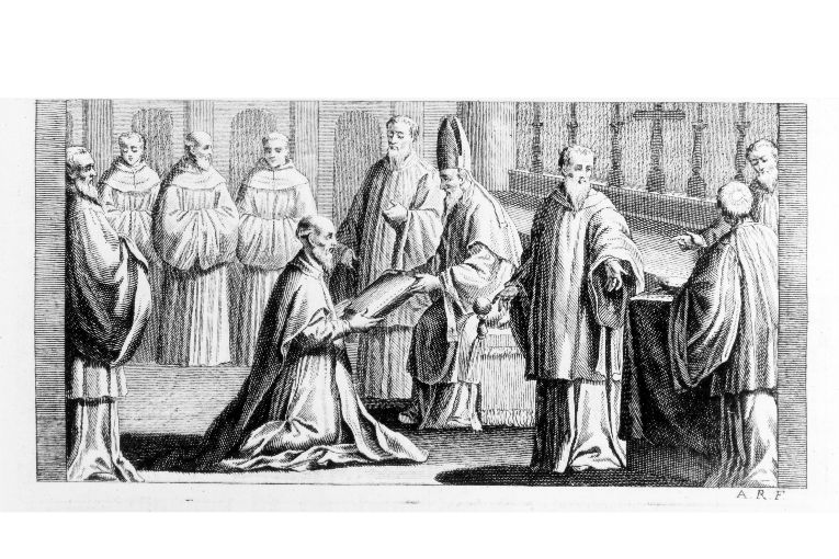 Consacrazione dell'abate con autorita' apostolica: consegnadella regola (stampa) di Rossi Andrea (sec. XVIII)