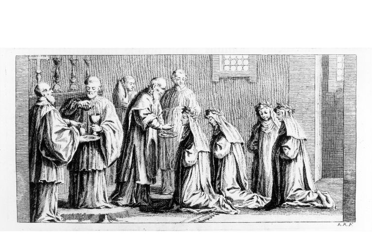 Consacrazione delle suore: amministrazione della comunione alle consacrande (stampa) di Rossi Andrea (sec. XVIII)