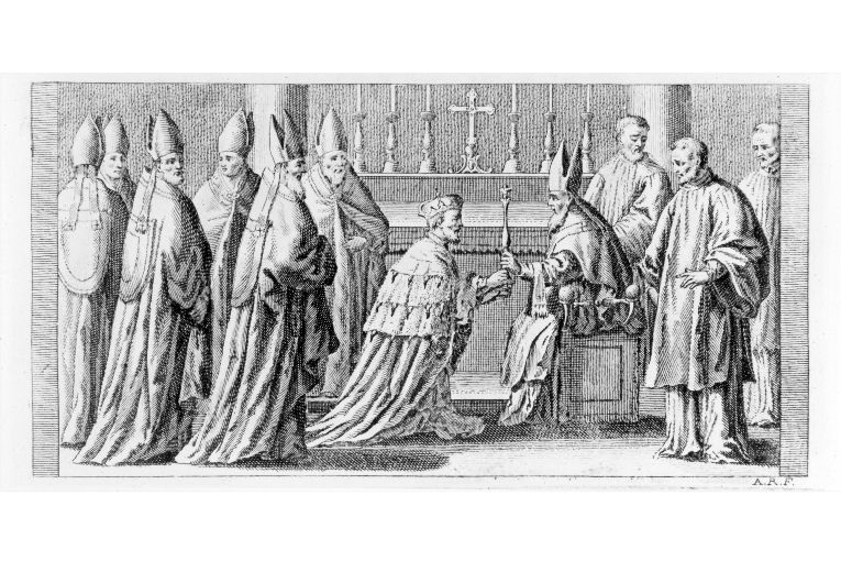 Incoronazione del re: consegna dello scettro (stampa) di Rossi Andrea (sec. XVIII)