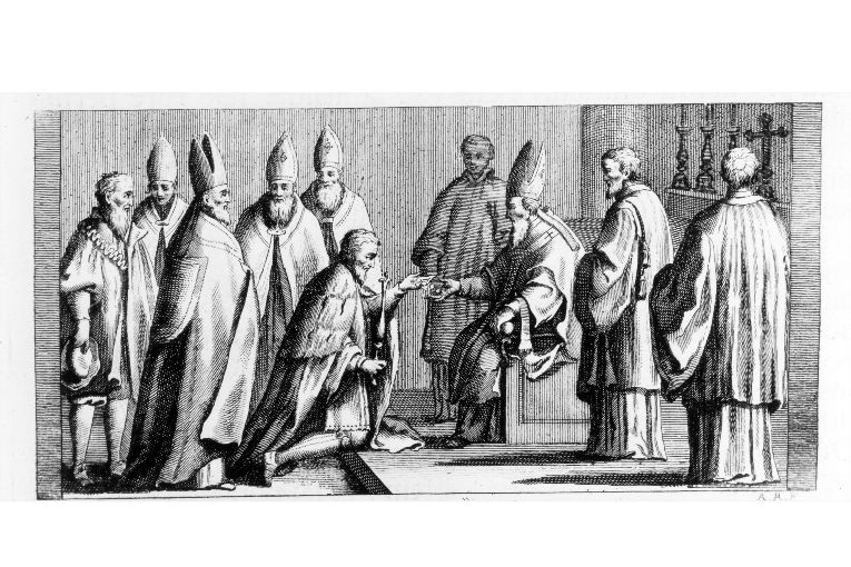 Incoronazione del re: il re offre denaro al consacrante (stampa) di Rossi Andrea (sec. XVIII)