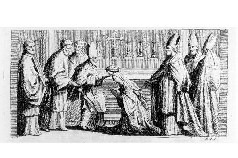 Incoronazione della regina: imposizione della corona (stampa) di Rossi Andrea (sec. XVIII)