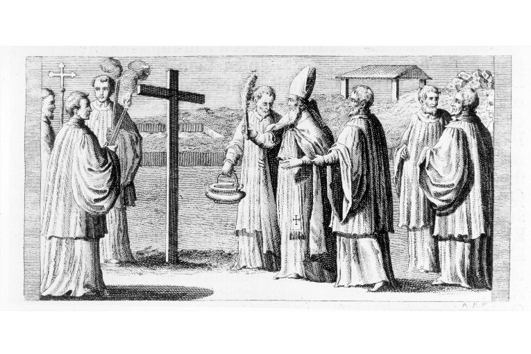 Consacrazione della nuova chiesa: aspersione della croce con acqua benedetta (stampa) di Rossi Andrea (sec. XVIII)
