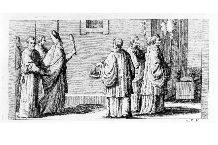 Consacrazione della nuova chiesa: aspersione delle pareti con acqua benedetta (stampa) di Rossi Andrea (sec. XVIII)