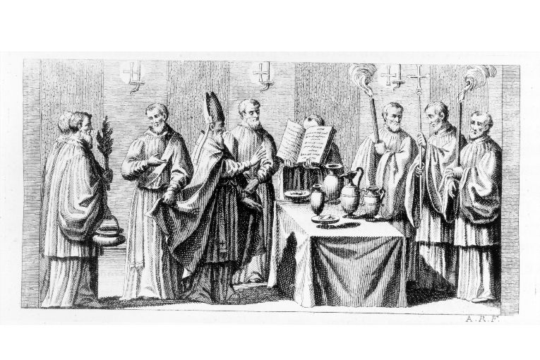 Consacrazione della nuova chiesa: benedizione dell'acqua, del sale, della cenere e del vino (stampa) di Rossi Andrea (sec. XVIII)