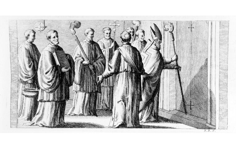 Consacrazione della nuova chiesa: il vescovo fa due segni di croce con il pastorale sul portone (stampa) di Rossi Andrea (sec. XVIII)