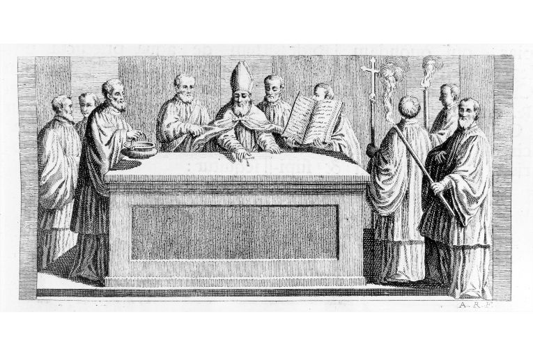 Consacrazione della nuova chiesa: il vescovo fa un segno dicroce con l'acqua benedetta sull'altare (stampa) di Rossi Andrea (sec. XVIII)