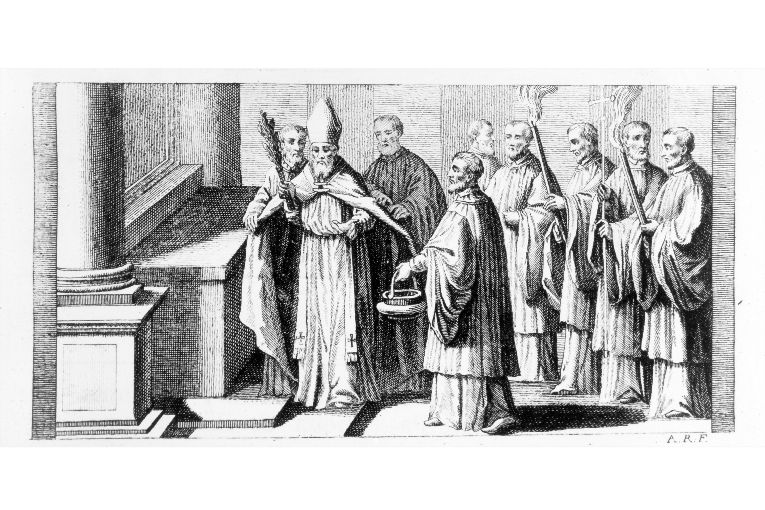 Consacrazione della nuova chiesa: aspersione dell'altare con ramo di issopo e acqua benedetta (stampa) di Rossi Andrea (sec. XVIII)