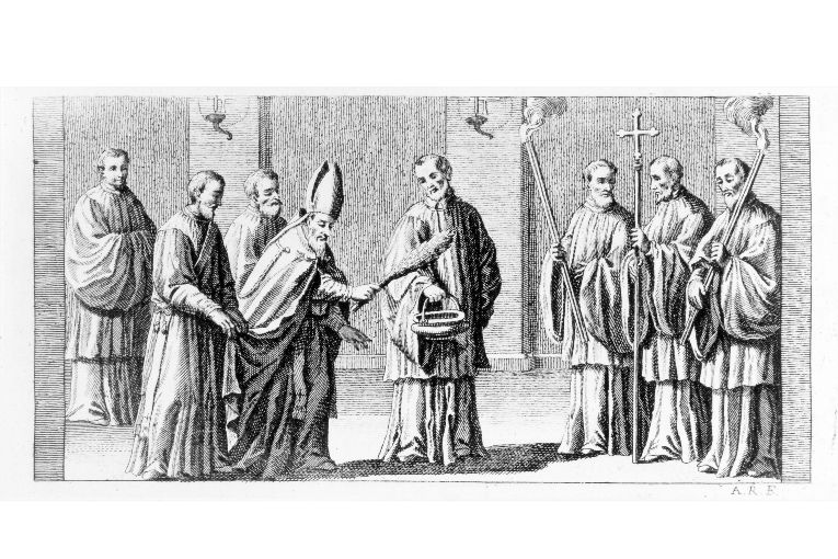 Consacrazione della nuova chiesa: aspersione del pavimento con ramo di issopo e acqua benedetta (stampa) di Rossi Andrea (sec. XVIII)