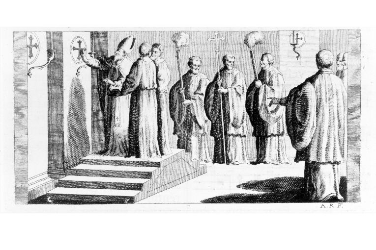 Consacrazione della nuova chiesa: unzione delle dodici croci di consacrazione con l'olio cresimale (stampa) di Rossi Andrea (sec. XVIII)