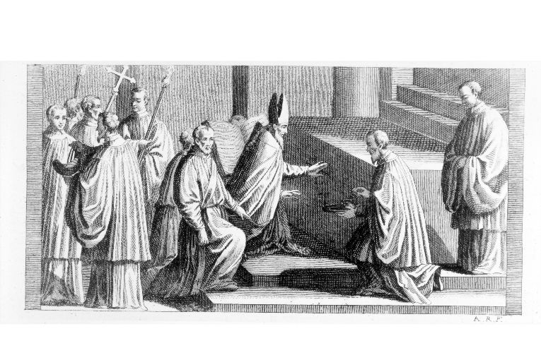 Consacrazione della nuova chiesa: unzione del paliotto d'altare con l'olio cresimale (stampa) di Rossi Andrea (sec. XVIII)