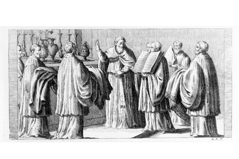 Benedizione delle tovaglie d'altare e dei vasi sacri (stampa) di Rossi Andrea (sec. XVIII)