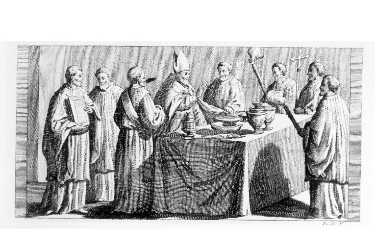 Consacrazione dell'altare: benedizione dell'acqua, del sale, della cenere e del vino (stampa) di Rossi Andrea (sec. XVIII)
