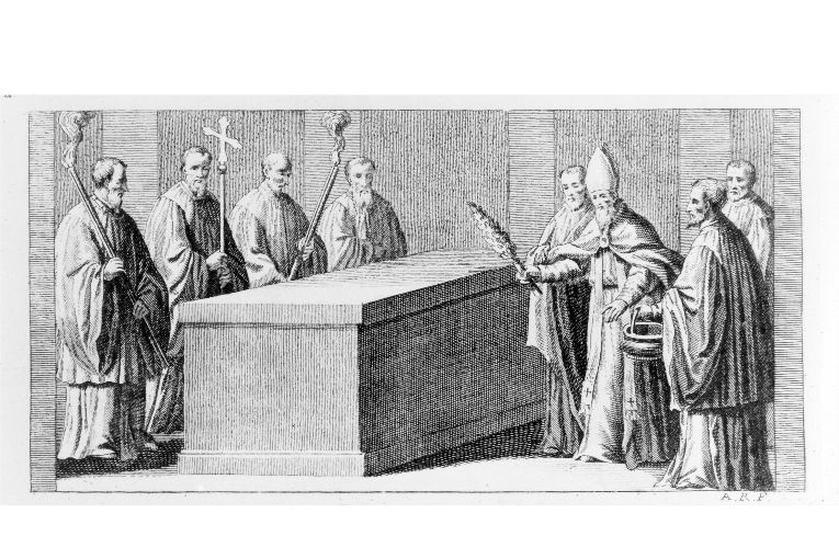 Consacrazione dell'altare: aspersione con l'acqua benedetta (stampa) di Rossi Andrea (sec. XVIII)