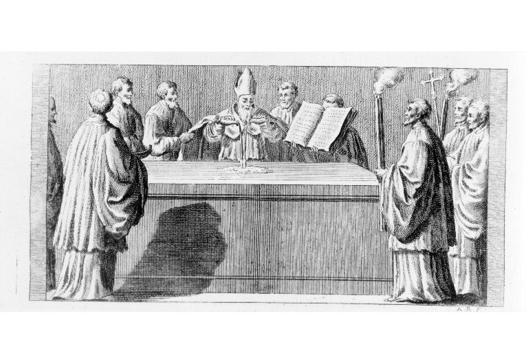 Consacrazione dell'altare: il vescovo versa sull'altare l'olio dei catecumeni e l'olio cresimale (stampa) di Rossi Andrea (sec. XVIII)