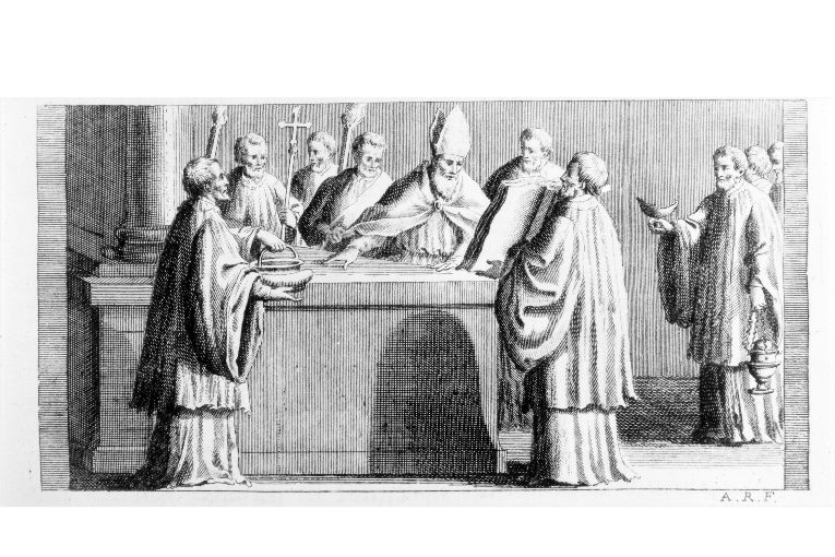 Consacrazione dell'altare portatile: il vescovo fa un segnodi croce con l'acqua benedetta (stampa) di Rossi Andrea (sec. XVIII)
