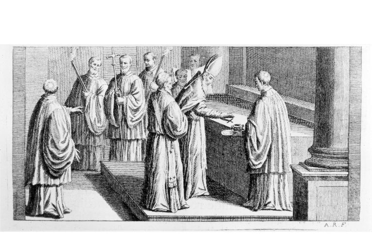 Consacrazione dell'altare portatile: il vescovo fa cinque segni di croce con l'olio dei catecumeni (stampa) di Rossi Andrea (sec. XVIII)