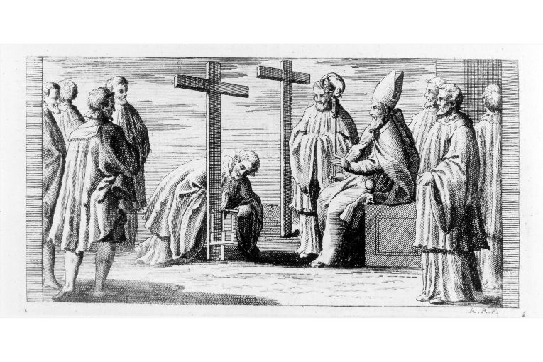 Consacrazione del cimitero: accensione delle candele davanti ad ogni croce (stampa) di Rossi Andrea (sec. XVIII)