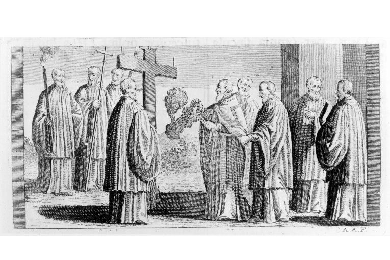 Consacrazione del cimitero: incensazione delle croci (stampa) di Rossi Andrea (sec. XVIII)