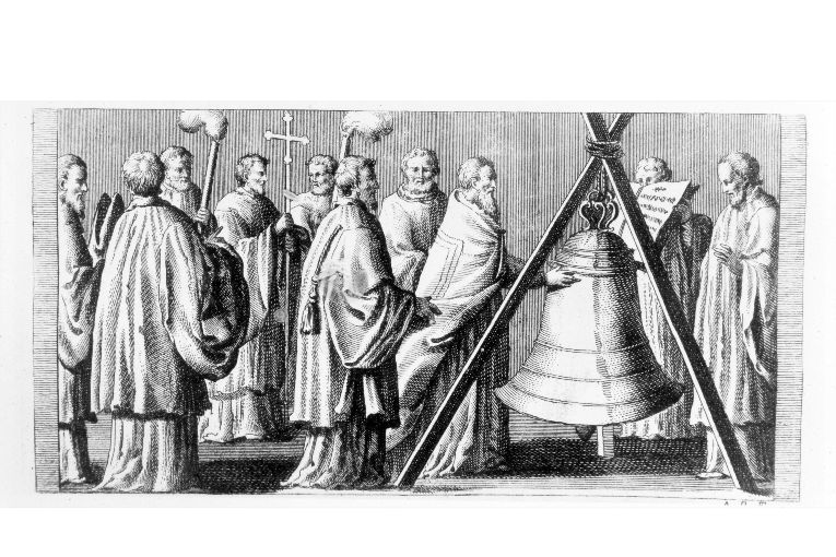 Benedizione della campana: unzione della campana con olii santi (stampa) di Rossi Andrea (sec. XVIII)