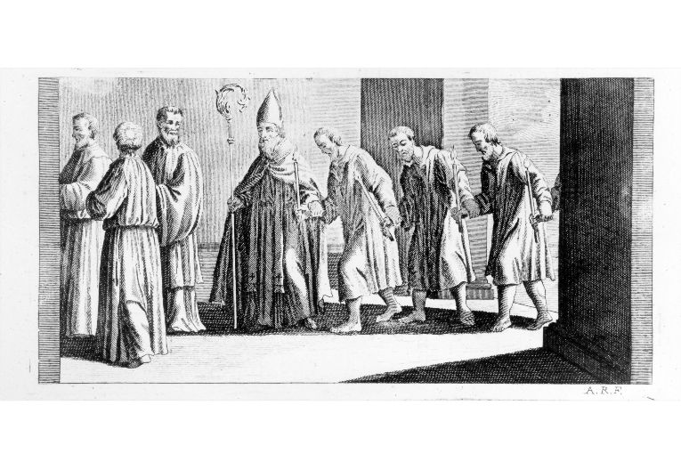 Il vescovo conduce per mano i penitenti in chiesa (stampa) di Rossi Andrea (sec. XVIII)