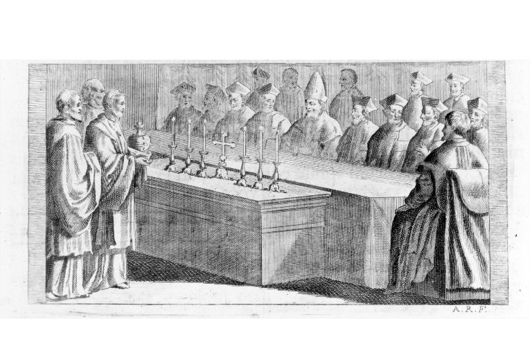 L'ufficio del Giovedì Santo: l'arcidiacono porge l'olio degli infermi (stampa) di Rossi Andrea (sec. XVIII)