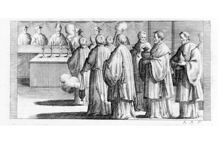 L'ufficio del Giovedì Santo: processione degli olii santi (stampa) di Rossi Andrea (sec. XVIII)