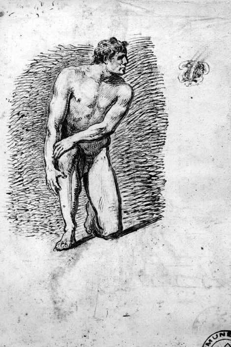 R/ studio di nudo inginocchiato; V/ studio di nudo in piedi cona spada (disegno preparatorio) di De Napoli Michele (attribuito) (metà sec. XIX)