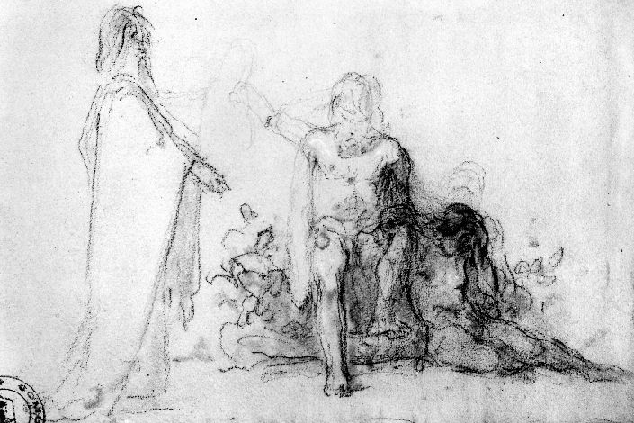 R/ studio di Dio, Adamo ed Eva; V/ studio di figure (disegno) di De Napoli Michele (attribuito) (metà sec. XIX)