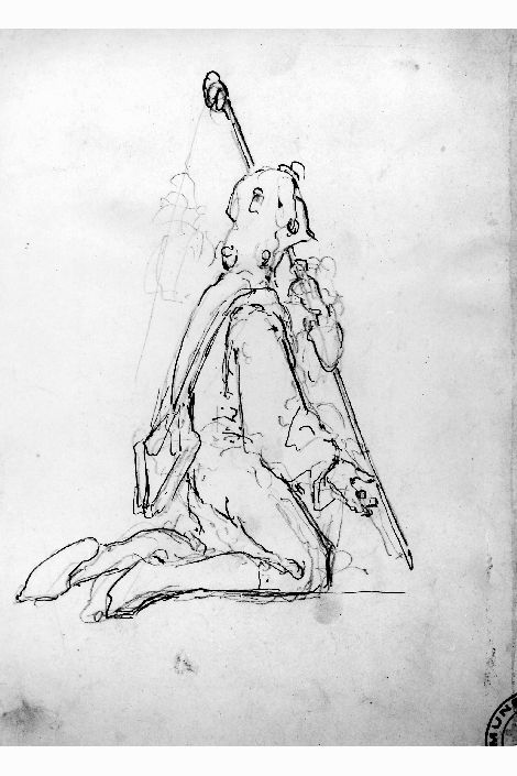 studio di figura maschile inginocchiata (disegno preparatorio) di De Napoli Michele (attribuito) (sec. XIX)