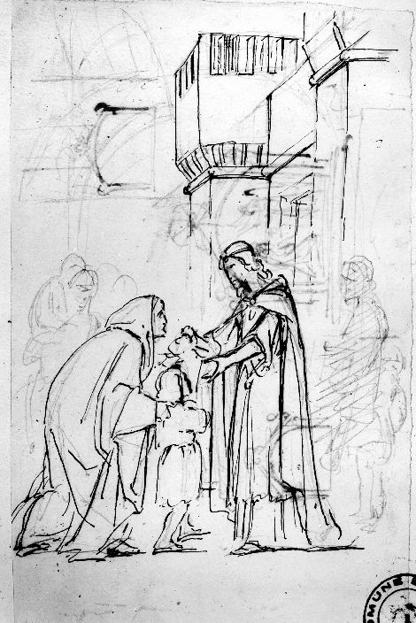 studio di figure con sfondo architettonico (disegno preparatorio) di De Napoli Michele (attribuito) (metà sec. XIX)