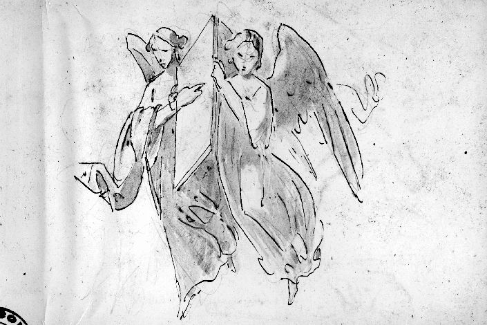 R/ due figure di angeli che sorreggonoa tavoletta; V/ due figure di an geli che sorreggonoa tavoletta (disegno) di De Napoli Michele (attribuito) (metà sec. XIX)