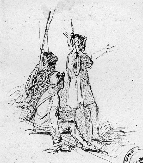 studio di tre soldati (disegno) di De Napoli Michele (attribuito) (metà sec. XIX)