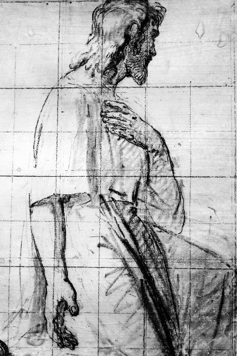 studio di figura maschile inginocchiata (disegno preparatorio) di De Napoli Michele (attribuito) (sec. XIX)