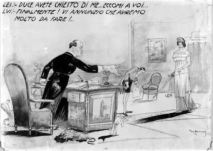 Mussolini e l'allegoria della "Giustizia" (disegno, opera isolata) di Russi Giuseppe detto Esperus (sec. XX)