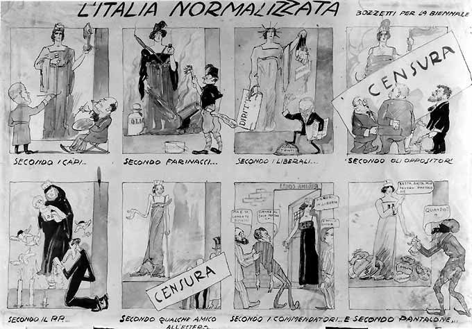 Otto scene satiriche sull'assetto dell'Italia "normalizzata" (disegno, opera isolata) di Russi Giuseppe detto Esperus (sec. XX)