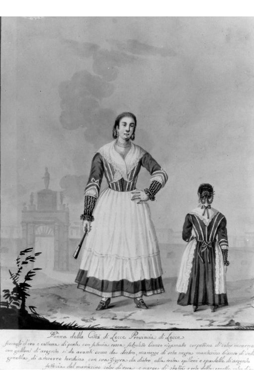 Costume popolare femminile della citta' di Lecce, figura femminile (disegno) - ambito leccese (seconda metà sec. XIX)