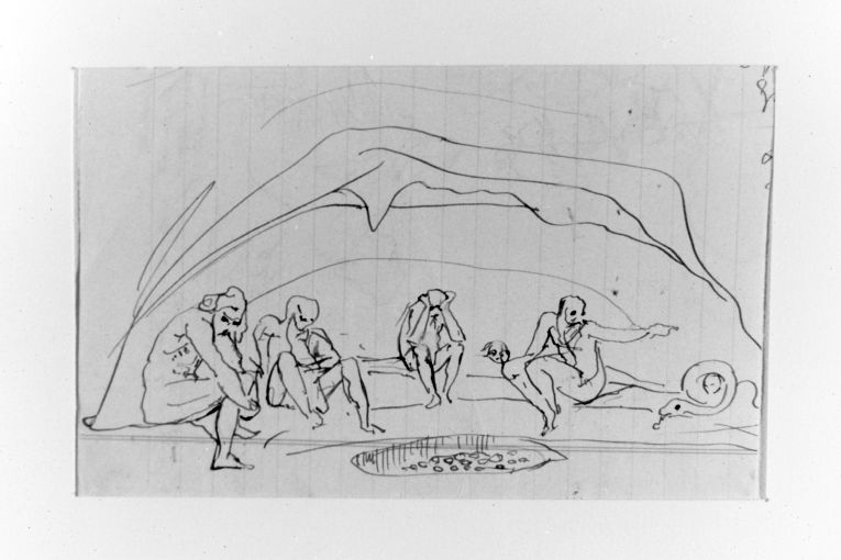 Figure in una grotta (recto)Donna che cuoce sulla brace (verso) (disegno) di Cozza Lorenzo (inizio sec. XX)