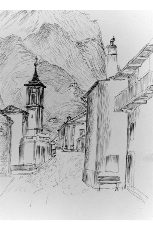 paesaggio con architetture (disegno) di Barbieri Francesco (sec. XX)