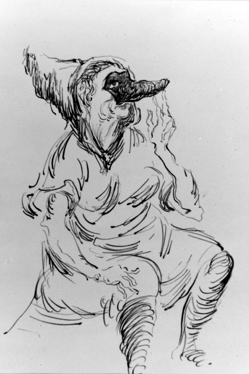 figura femminile seduta e mascherata (disegno) di Barbieri Francesco (sec. XX)