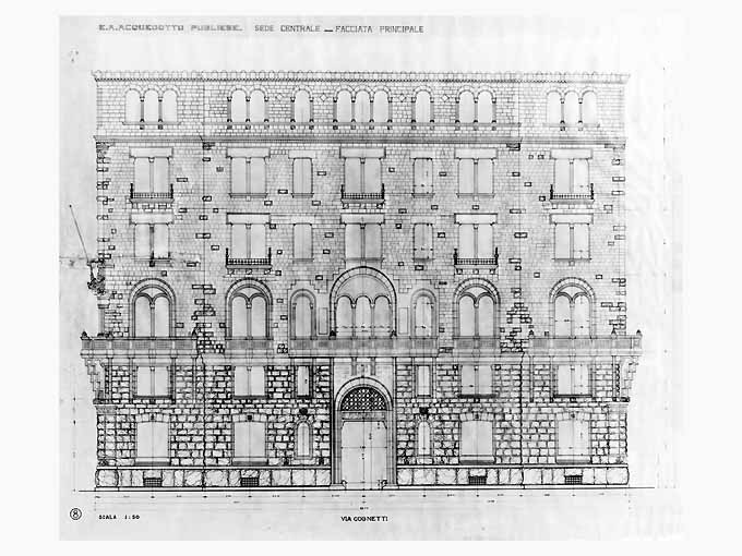 facciata del Palazzo dell'Acquedotto a Bari (disegno tecnico, opera isolata) di Brunetti Cesare Vittorio (sec. XX)